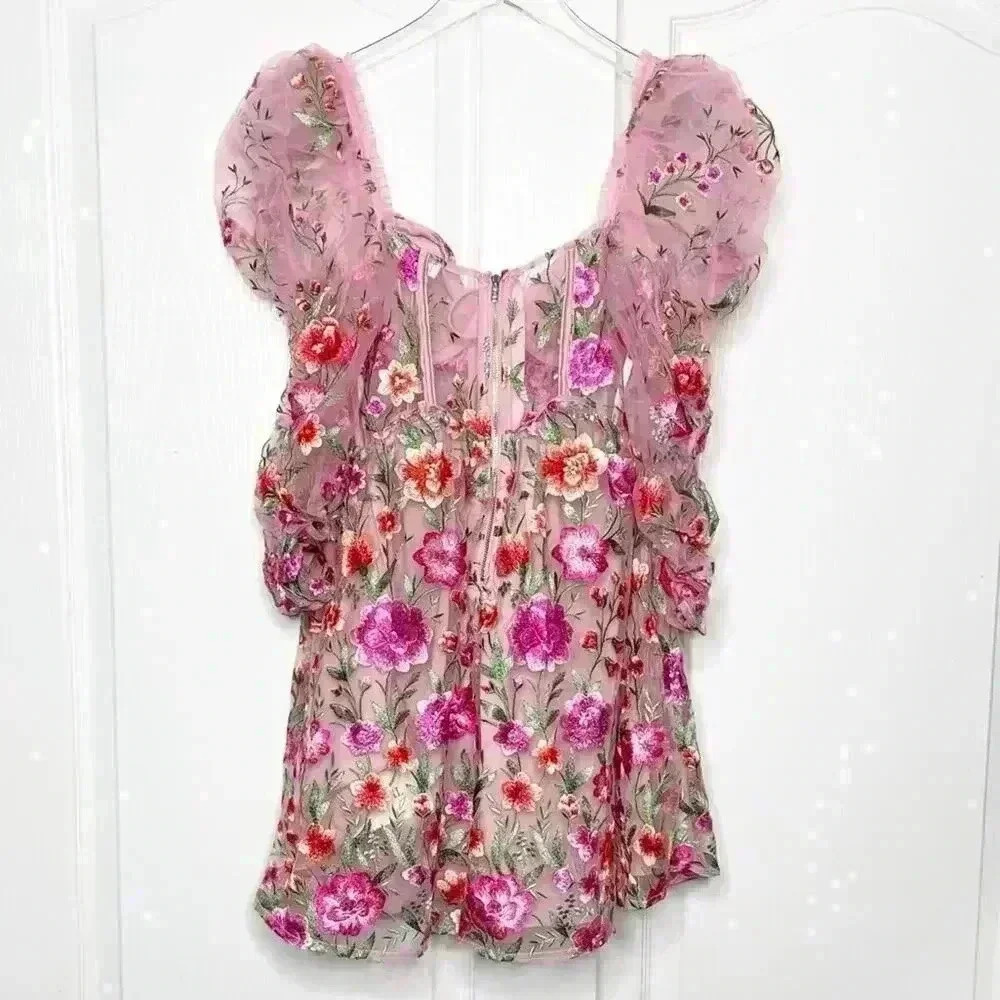 NWT For Love & Lemons Tayla Ruffle Corset Embroidered Puff Sleeve Dress Size XS - Picture 7 of 16